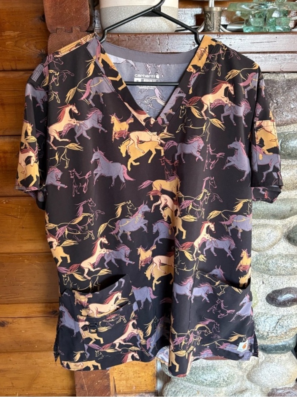 Carhartt Horse Print Scrub Top Western Cowgirl V-Neck Plus XL